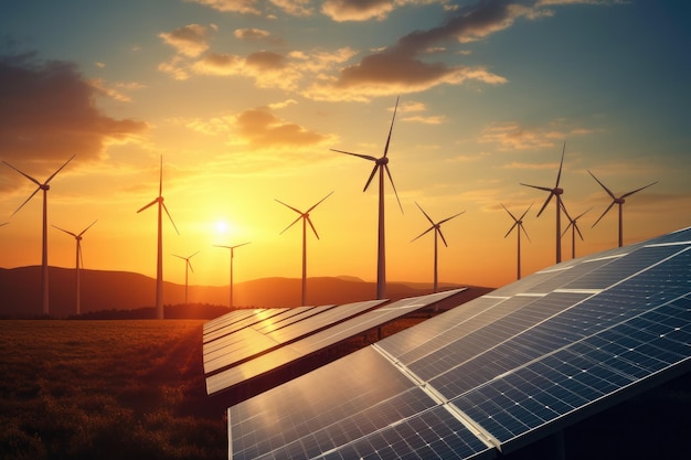 Солнечные панели и ветряные турбины на закате Альтернативный источник энергии 3D-рендеринг Современные ветряные турбины и солнечные панели в свете заката Концепция эко-зеленой возобновляемой энергии Сгенерировано AI