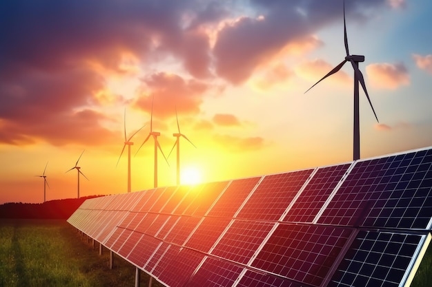 Солнечные панели и ветряные турбины на закате концепция возобновляемой энергии