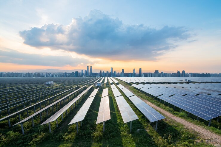 Photo solar panels with cityscape of singapore