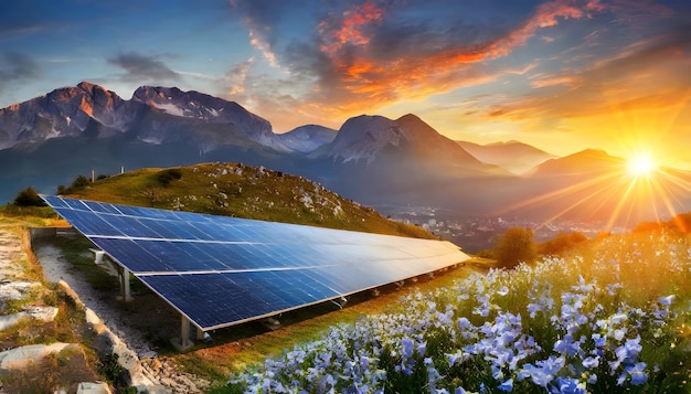 Photo solar panels with sunset