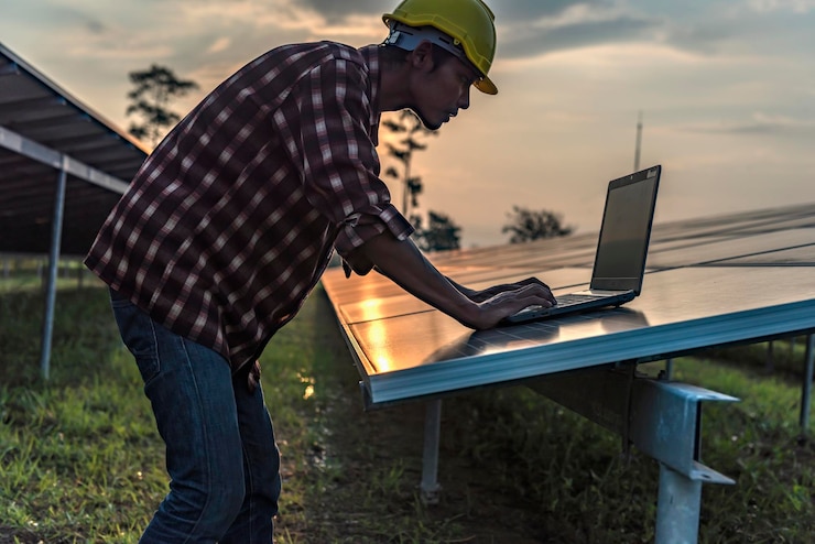 Photo solar panels with technicians                          person