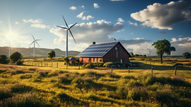 Foto pannelli solari con turbine eoliche contro paesaggio montuoso contro cielo blu con nuvole