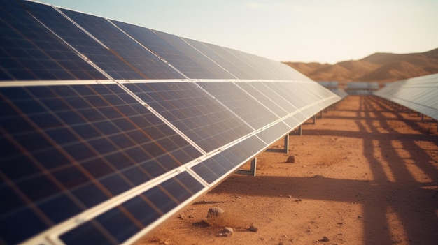 Solar photovoltaic panels installed in desert hot sunny day green renewable energy concept in desert