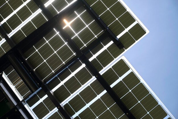 Solar photovoltaic panels mounted on metal frame for producing clean ecological electric energy Renewable electricity with zero emission concept