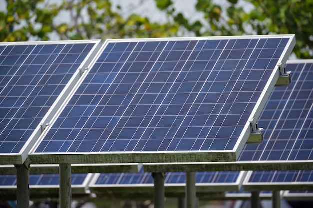 Solar photovoltaic panels mounted on standalone frame on backyard ground for generating of clean ecological electric energy Concept of autonomous house