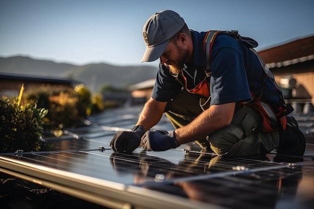 屋根にソーラーパネルを設置する太陽光発電エンジニア 代替作業中の電気技術者