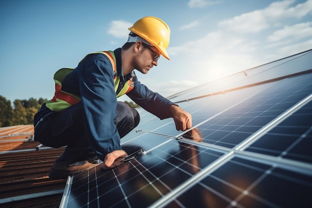 Solar Power Engineer Installing Solar Panels on the Roof Generative Ai