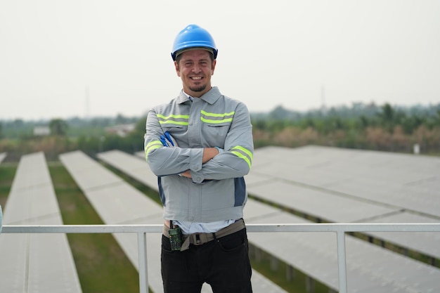 Solar power plant engineer examining photovoltaic panels technician maintenance electric solution