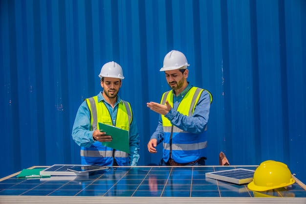 Solar power plant engineers meeting and examining photovoltaic panels Concept of alternative energy and its service Engineer energy power man worker at site