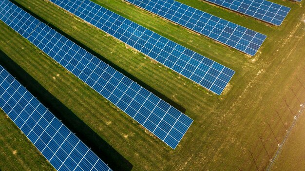 Solar power plant top view from drone