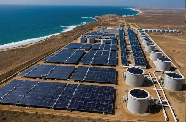 Solar power plant with ocean backdrop