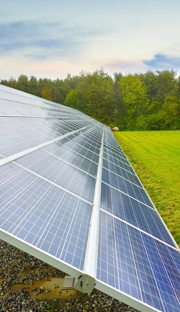 사진 덴마크의 태양열 재생 가능 자원 자연 에너지원으로서의 태양광 태양 전지 패널 푸른 태양 전지 패널은 태양광 발전 기술로 전기를 생성합니다. 자연에서 대체 에너지