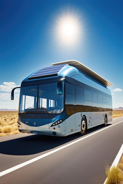 Solar powered bus driving in countryside created using generative ai technology