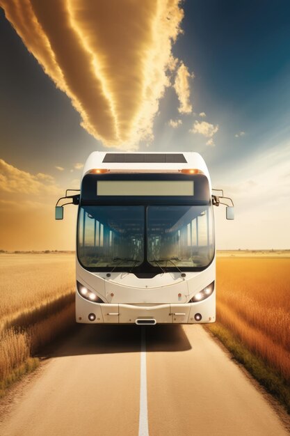 Photo solar powered bus driving in countryside created using generative ai technology