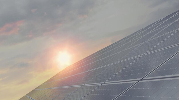 Solar roof panels with morning sun rise background