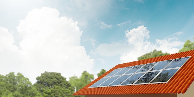 Solare sul tetto di energia verde. illustrazione 3d.