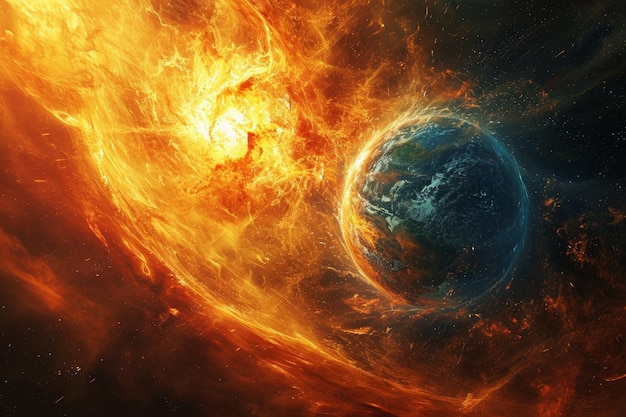 태양 폭풍, 자기 폭풍, 지구와 함께 극적인 우주 장면, 우주에서 불타는 태양과 같은 폭발, 종말 또는 SF 사건을 묘사합니다.