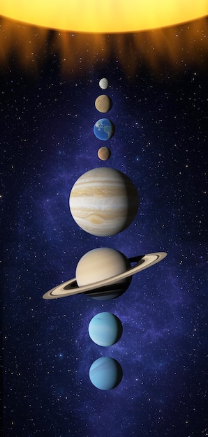 Photo solar system planet space sun mercury venus earth mars jupiter saturn uranus neptune planet cosmos map of solar system 8 planets 3d render