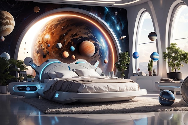 Solar System Sanctuary Ontwerp een futuristische slaapkamer met planetaire thema's