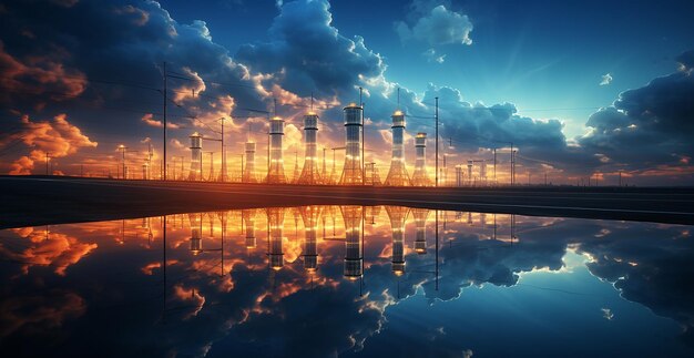 Solar Wind Turbines with Reflection on a Beautiful Day