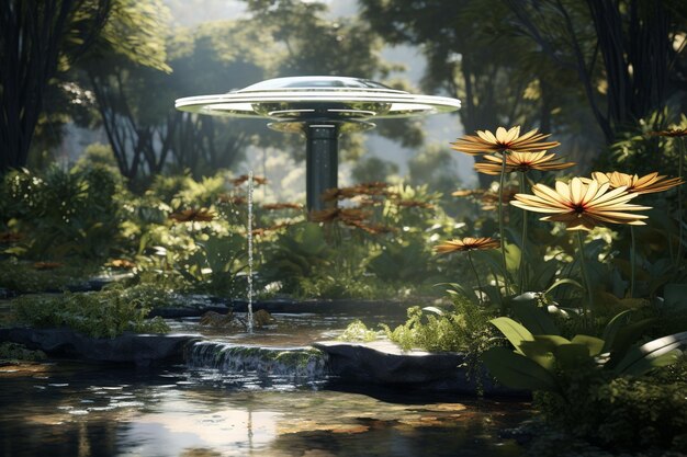 Solarpowered garden fountain in a botanical Generative ai