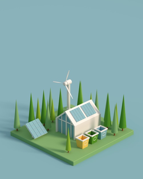 L'ecologia delle case a energia solare è un concetto di risparmio energetico ecofriendly smart home 3d render