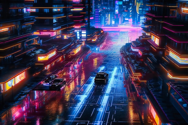 Photo solarpowered hover cars whizzing through neonlit vertical highways in a bustling megacity