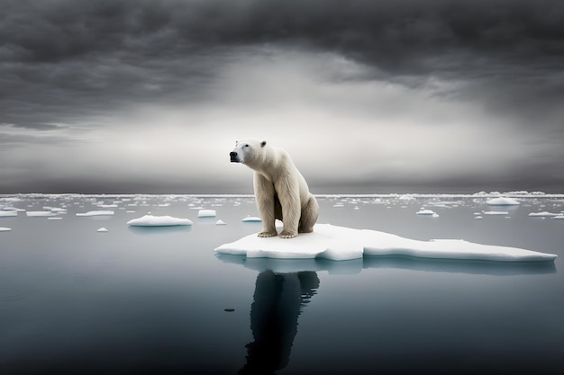 изоляция и уязвимость в Арктике Съемка одинокого белого медведя на тающей льдине