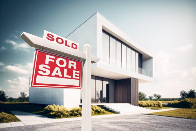 Sold Home For Sale Real Estate Sign in Front of Modern House Generative AI