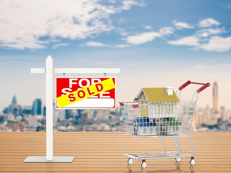 Photo sold house sign with 3d rendering mock up house in shopping cart
