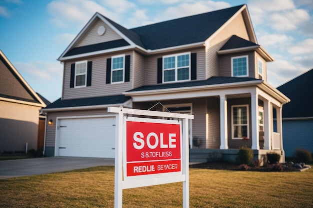 Sold Sign in Front of House Real Estate Property Transaction Complete For Sale Real Estate Sign placed in front of a new house symbolizing the real estate business concept AI Generated