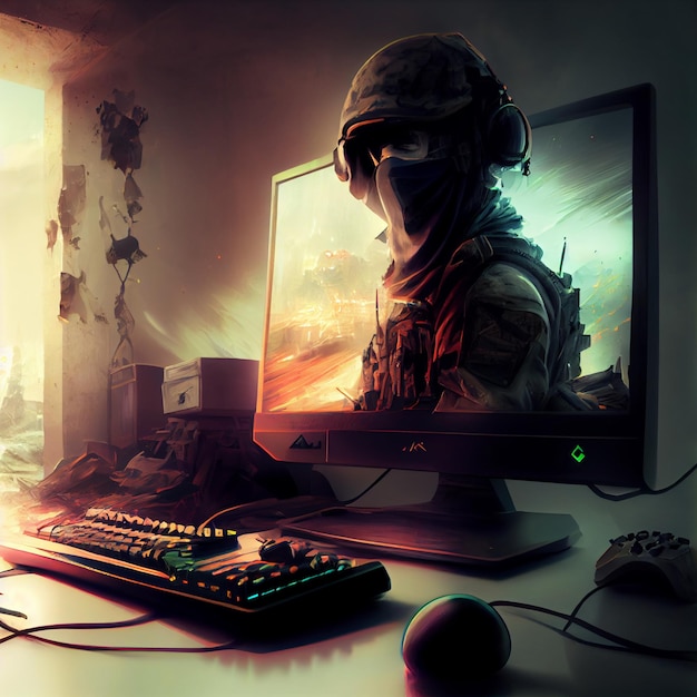 Soldaat gamer spelen op desktop pc computer gaming illustratie