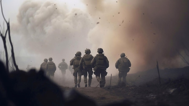 Soldaat in actie Silhouet van niet-herkende soldaten met geweer lopen door rook