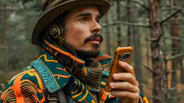 Foto soldaat in historische reenactment met behulp van telefoon is verouderd en onrealistisch concept historische reenactement digitale apparaten authenticiteit moderne technologie interpretatie