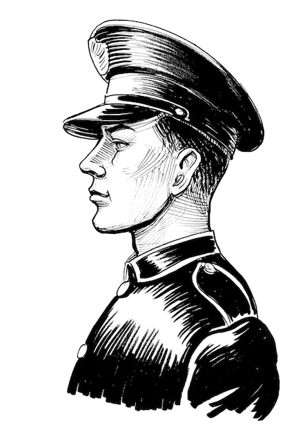 Soldaat in uniform Handgetekende inkt op papier zwart-wit tekening