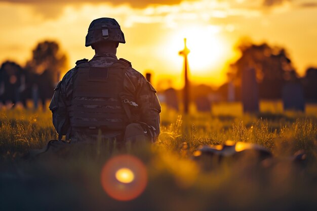 Soldaat in uniform zit in het gras op Memorial Day