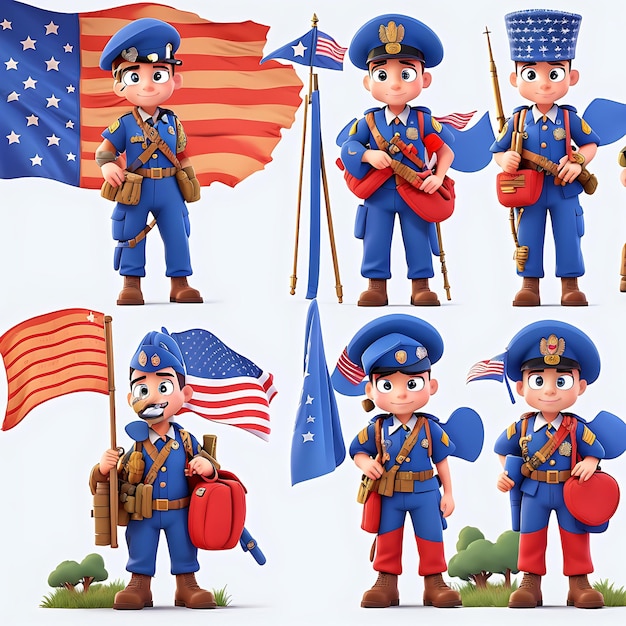 Soldaat met machinegeweer in uniform cartoon personage set met USA nationale vlag