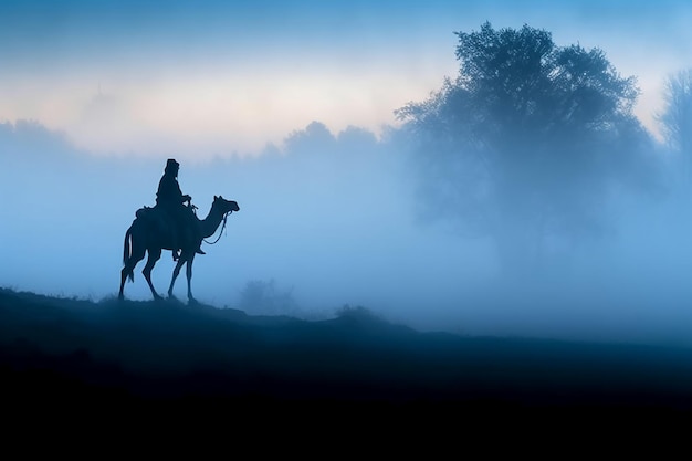 Soldaat op een kameel mistig gebied silhouet AI generatief