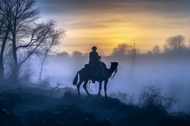 Soldaat op een kameel mistig gebied silhouet AI generatief