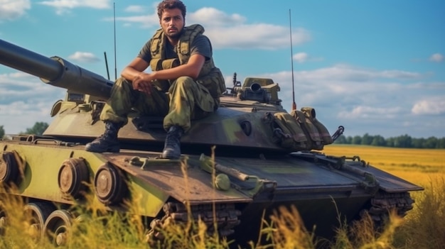 Foto soldaat op een tank met een automatisch geweer generatieve ai