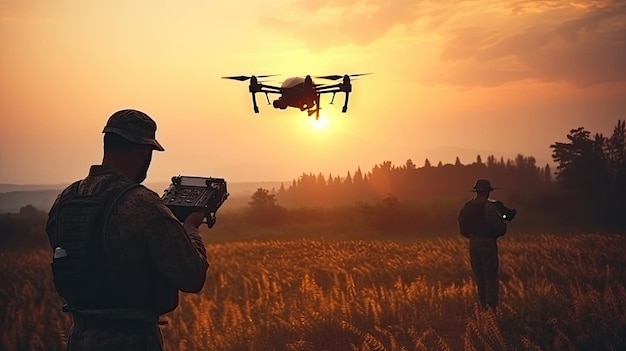 Soldaten gebruiken een drone-quadrocopter voor verkenning tijdens een militaire operatie tegen de achtergrond van een zonsondergang