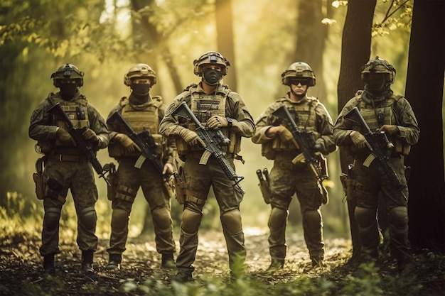 Soldaten in een bos met op de voorkant het woord leger