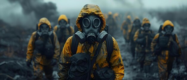 Foto soldaten in gasmaskers en hazmatpakken marcheren naar een verwoeste stad concept soldier gasmaskers hazmatpakken verwoeste stad marseren