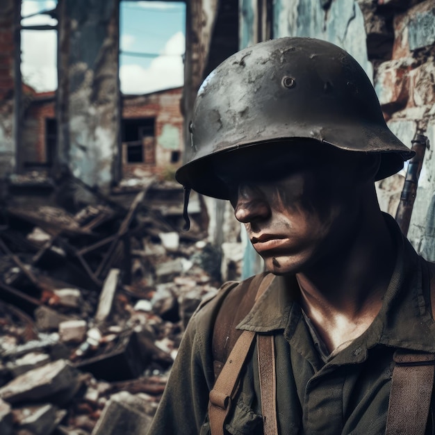 soldaten in het midden van een verwoest gebouw oorlogsachtergrond