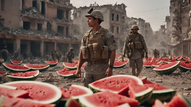 Foto soldaten kijken naar de vele watermeloenen die verspreid zijn ter ondersteuning van palestina.