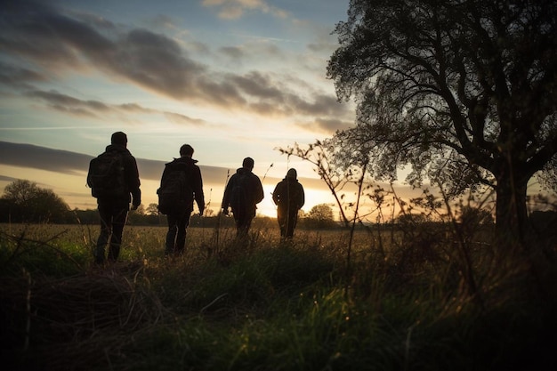 Soldaten lopen in een veld bij zonsondergang.