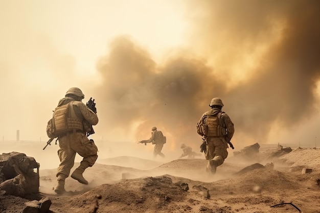 Soldaten rennen in een woestijn met rook op de achtergrond