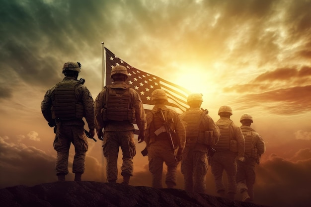 Soldaten staan voor een zonsondergang met de Amerikaanse vlag op de achtergrond
