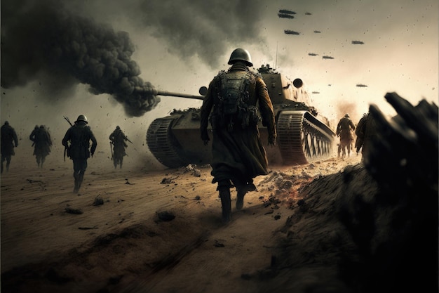 Soldaten vechten in loopgravenoorlog met tanks en kanonnen Digitale afbeelding AI