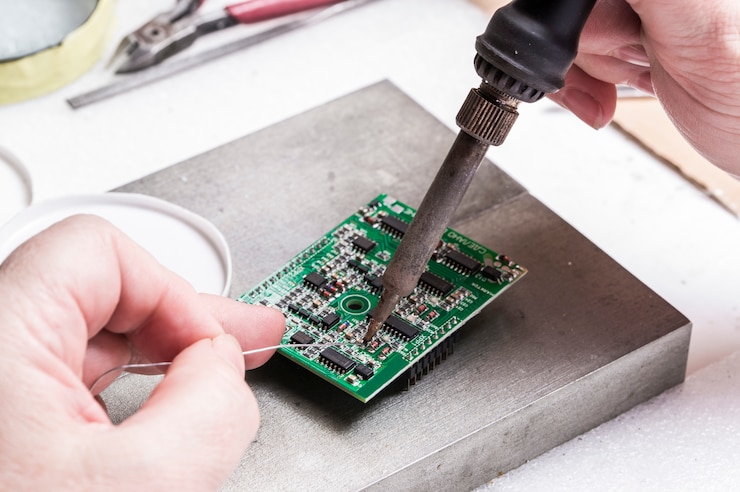 Photo soldering chips iron over in female hands